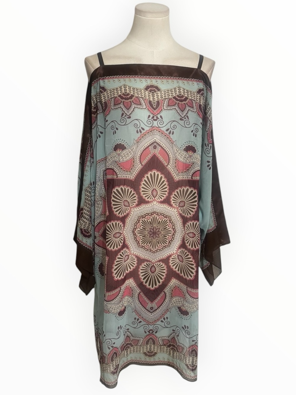 DEPECHE MODE Boho Medallion Print Beach Swim Cover-Up Tunic Dress Brown Teal 10